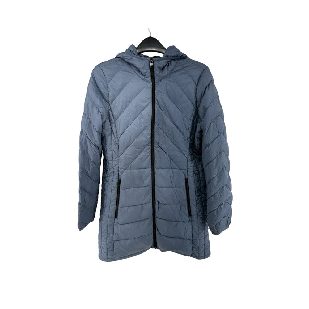 Blue Puffer Jacket London Fog Lightweight 80% Down Long Hooded Womens Size Small